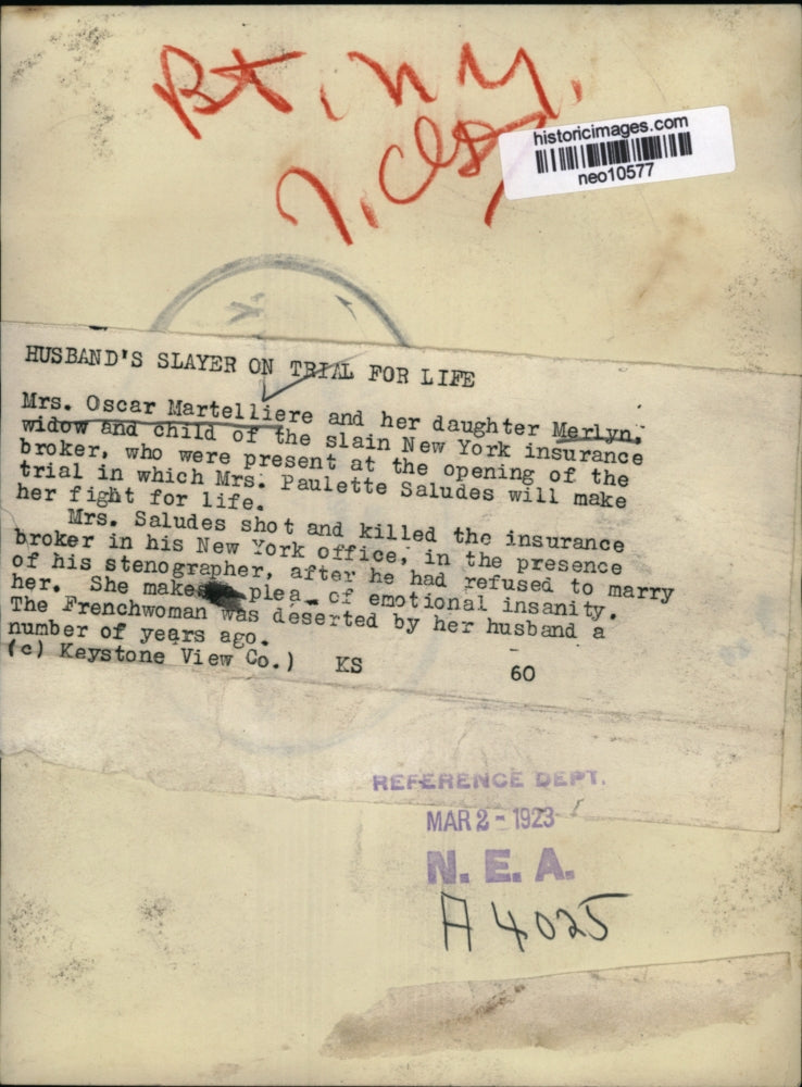 1923 Press Photo Mrs. Oscar Martelliere & Daughter Merlyn of Murdered Broker