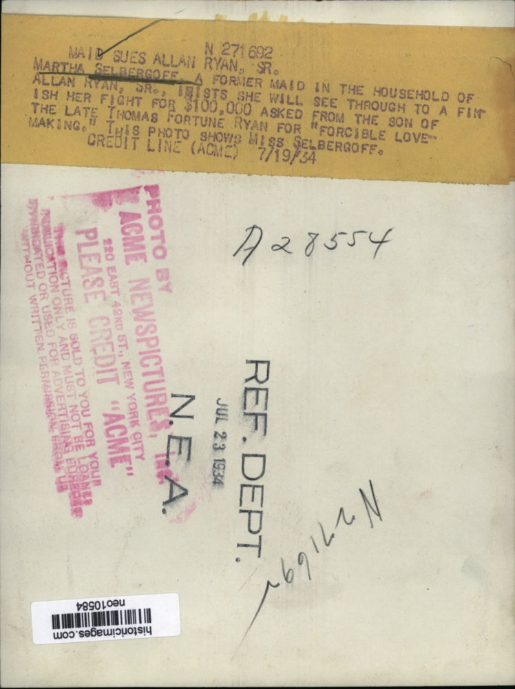1934 Press Photo Martha Selbergoff, Maid Suing Allan Ryan, Sr. - neo10584