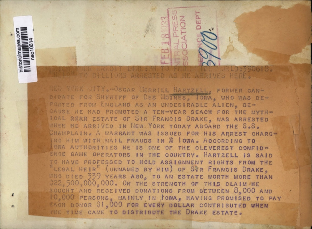 1933 Press Photo Oscar Merrill Hartzell, Sir Francis Drake Estate Con Man