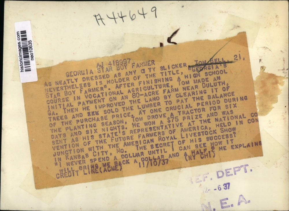 1937 Press Photo Tom Bell Gerogia's Star Boy Farmer - neo10635