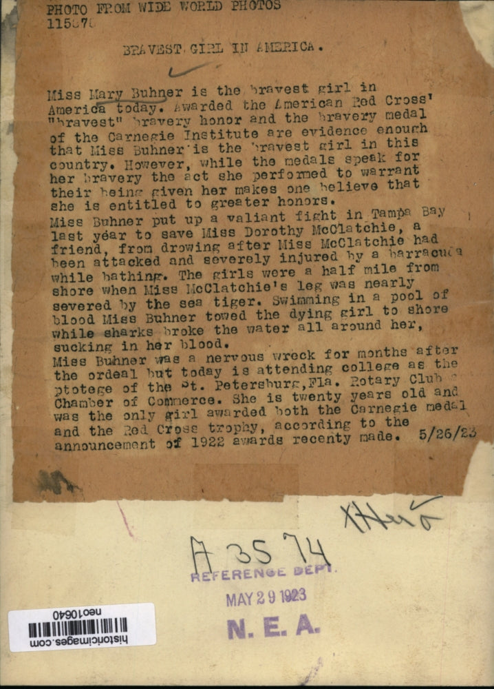 1923 Press Photo Mary Buhner Awarded American Red Cross Bravest Medal