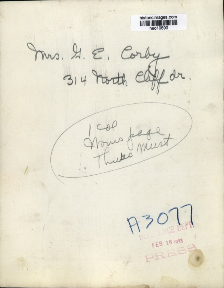 1933 Press Photo Mrs. G.E. Corby - neo10690