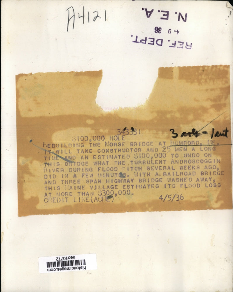 1936 Press Photo Rumford, Maine Morse Bridge Reconstruction - neo10772