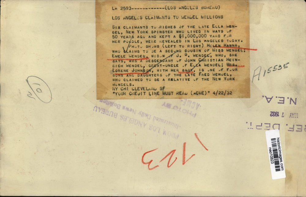 1932 Press Photo Los Angeles Claimants to Ella Wendel Fortune Helen Hanna etc.