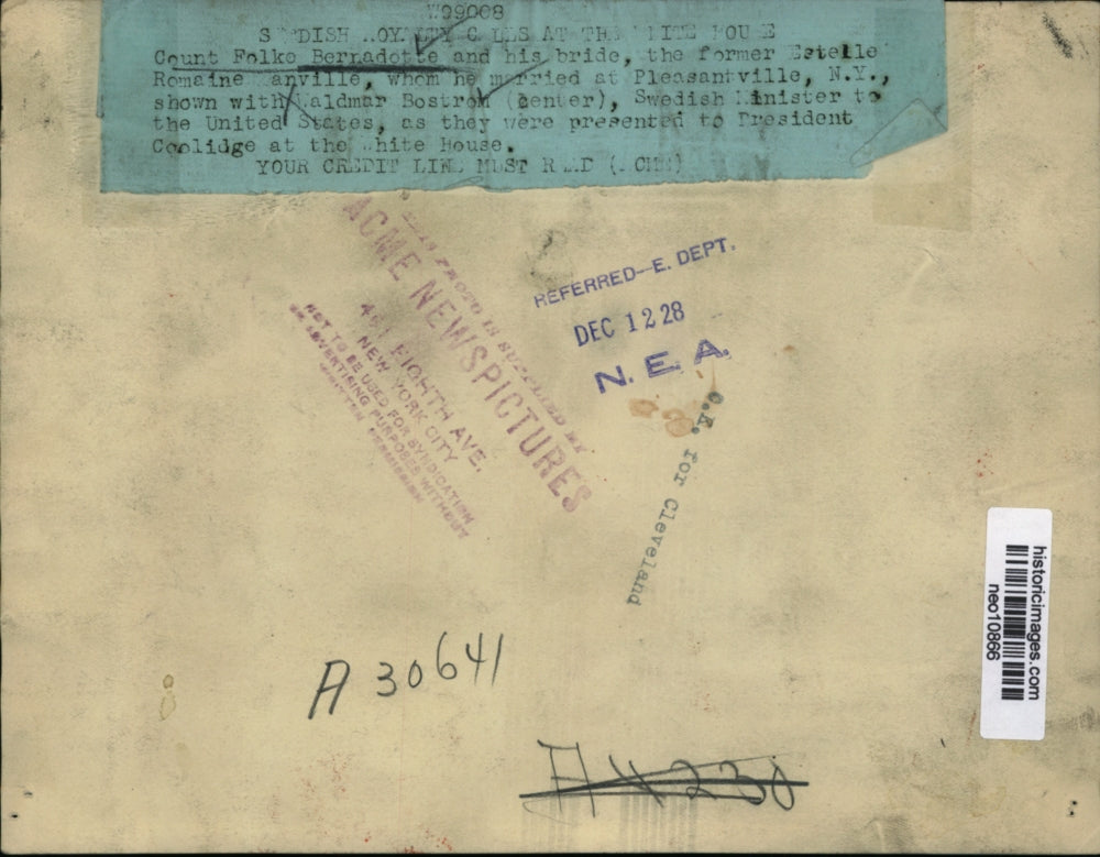 1928 Press Photo Count Folko Bernadotte & Estelle Manville Meet Pres Coolidge