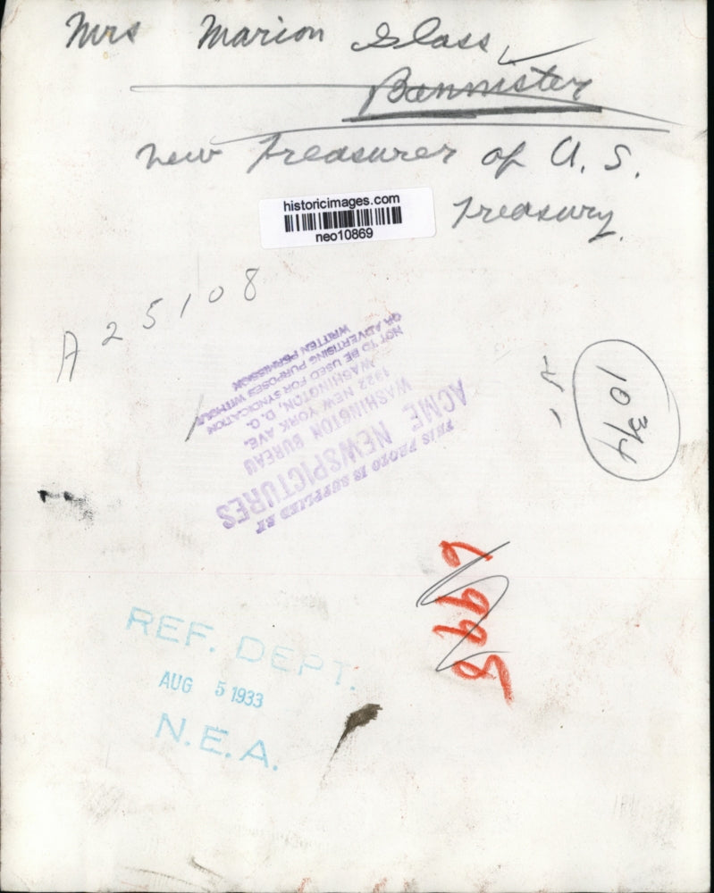 1933 Press Photo Treasurer Marion Glass of US Treasury - neo10869