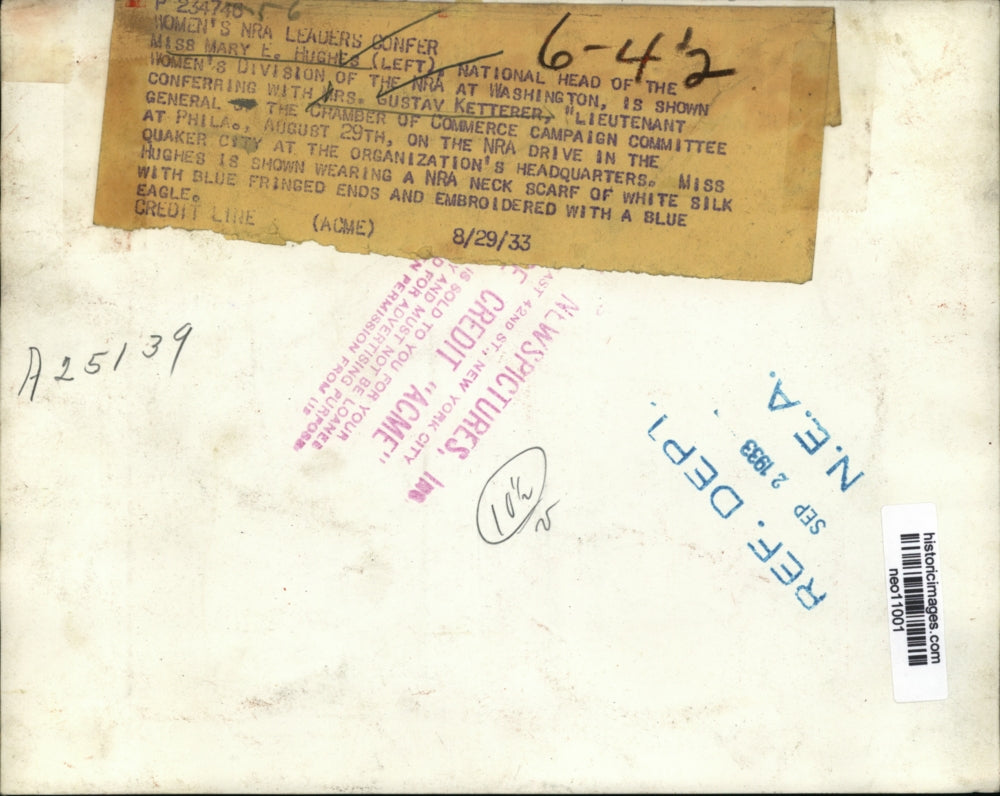 1933 Press Photo Mary Hughes Womens Division of NRA & Mrs G Ketterer - neo11001