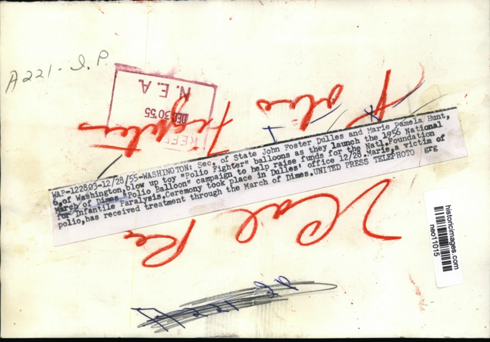 1955 Press Photo Secretary of State John F Dulles & polio hild Marie P Hunt