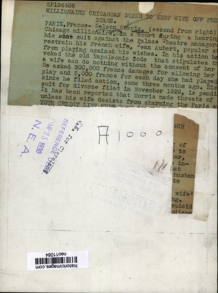 Load image into Gallery viewer, 1930 Press Photo Nelson Morris 2nd from rt Seeks to Keep Wife Off French Stage

