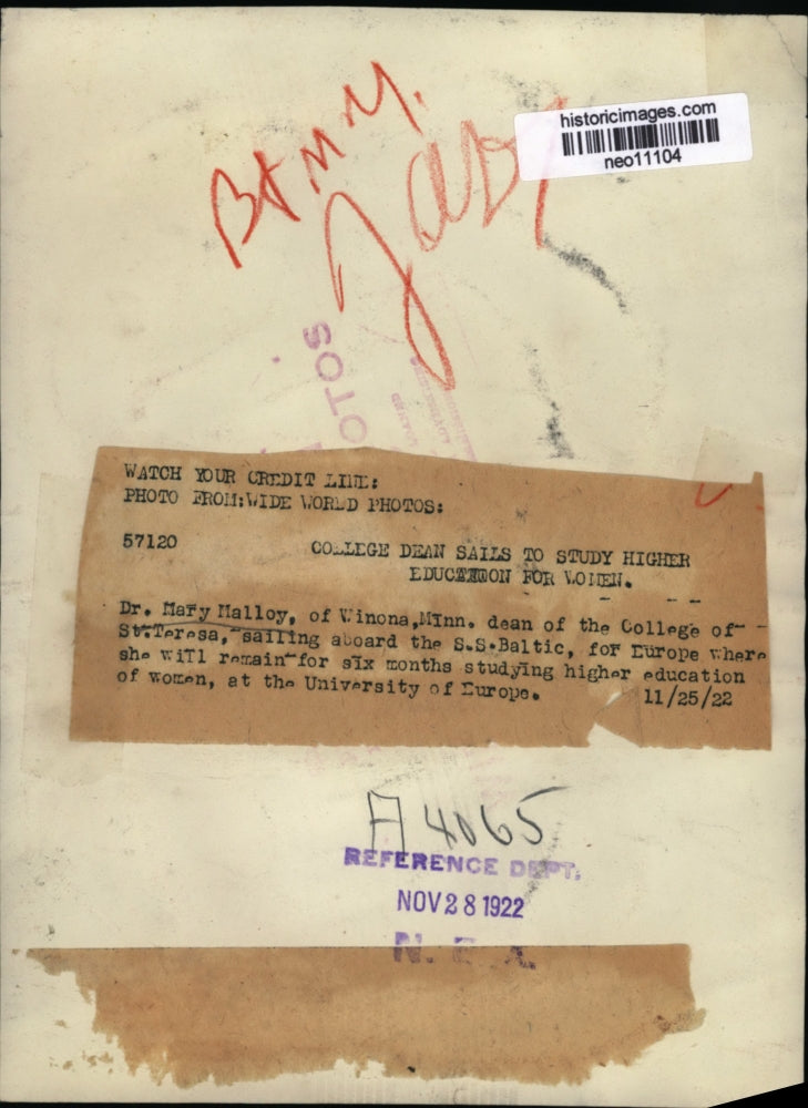 1922 Press Photo Dr Mary alloy Winona MN dean of College of St Teresa