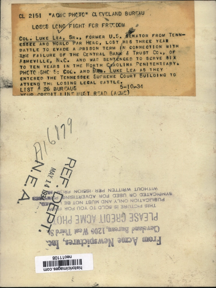 1934 Press Photo Col. Luke Lea, Dr. & wife entered TN Supreme Court Bldg