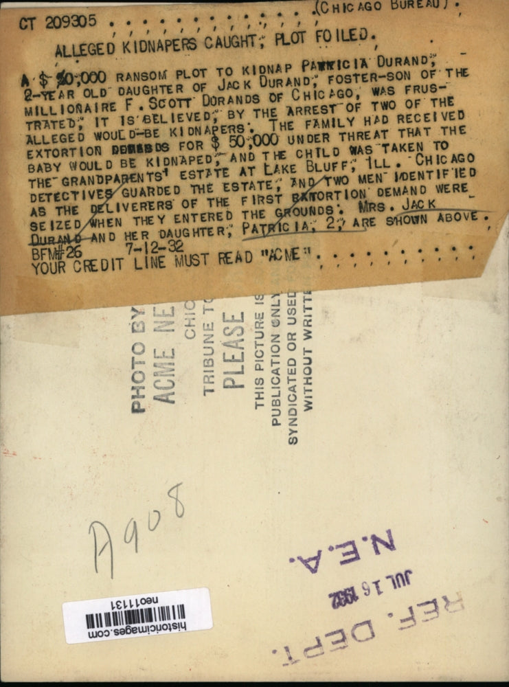 1932 Press Photo Mrs. Jack Durand and daughter Patricia Extorted on kidnap