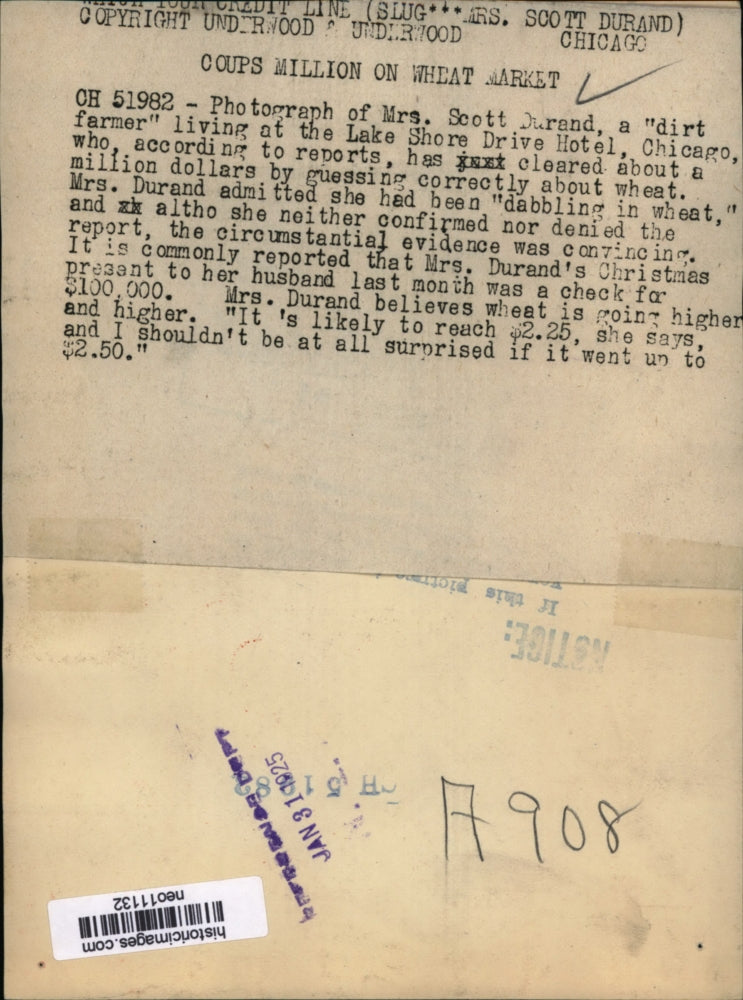 1925 Press Photo Mrs Scott Durand Coups Millions on Wheat Market - neo11132