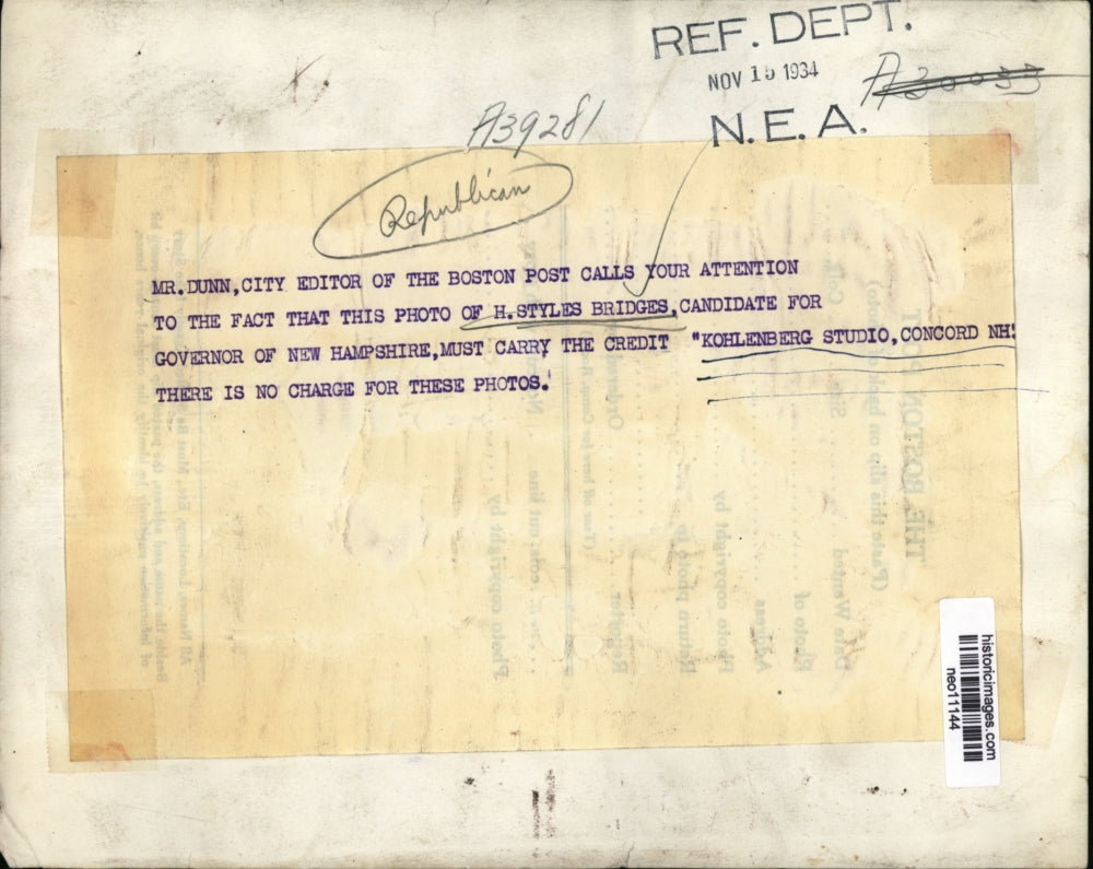 1934 Press Photo NH Governor candidate H Styles Bridges - neo11144