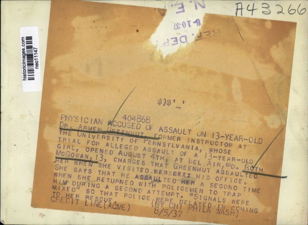 1937 Press Photo Dr Armen Greenhut at PA trial for assault of Ruth McGowan