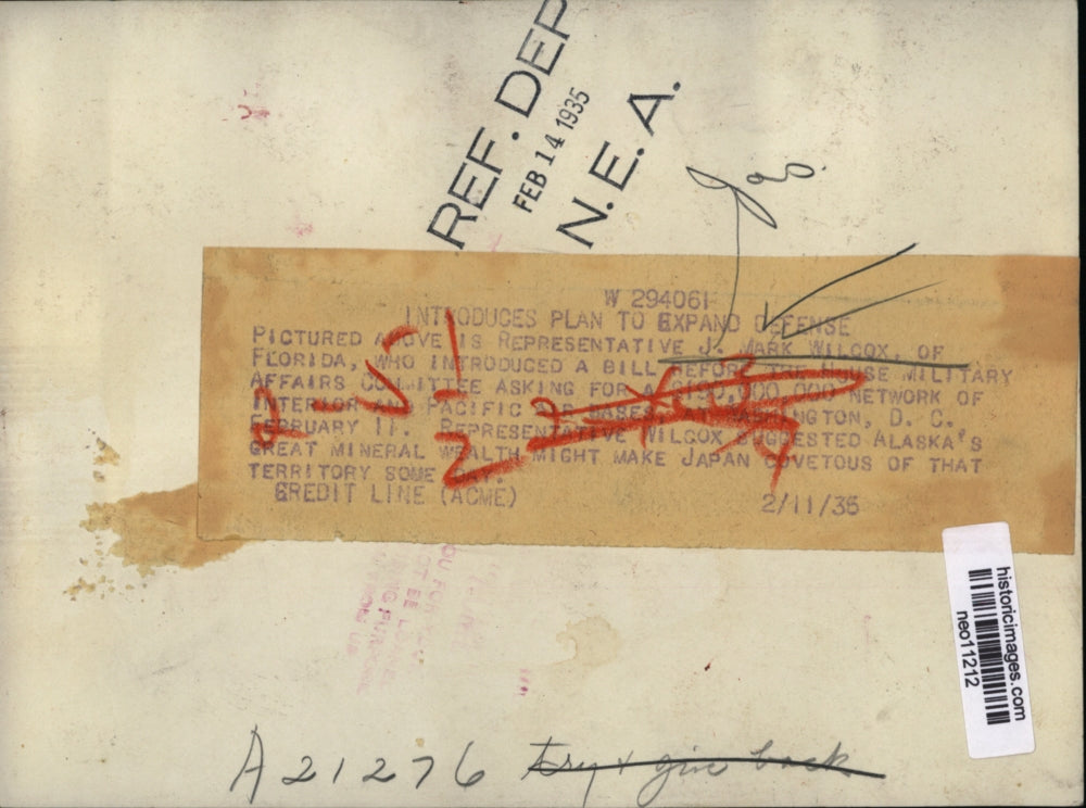 1935 Press Photo Florida Rep J Mark Wilcox at House Military Affairs Committee