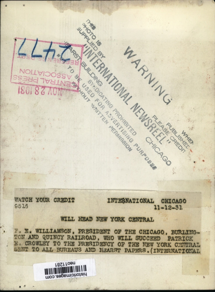 1931 Press Photo Frederic Williamson new president NY Central railroad