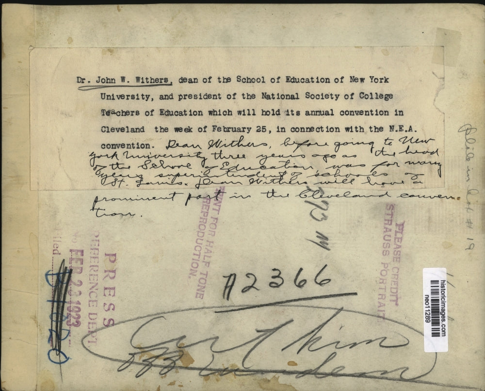 1923 Press Photo Dr. John W. Withers of National Society College Teachers