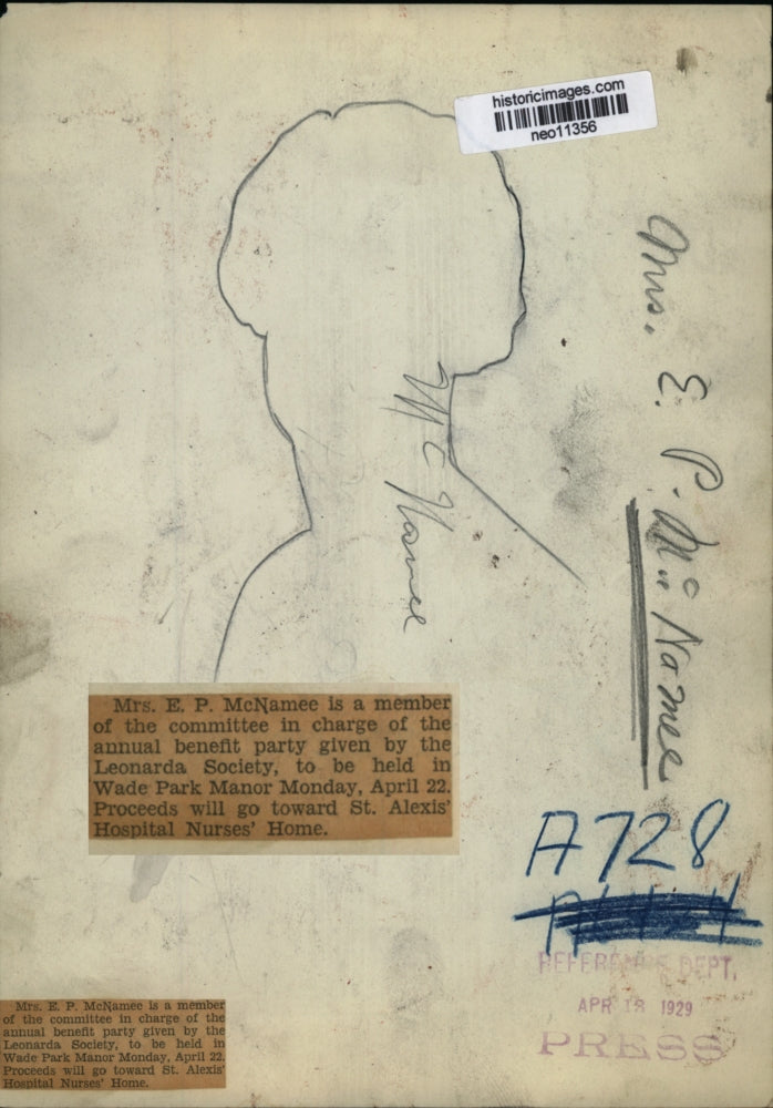 1929 Press Photo Mrs. E.P. McNamee, Leonarda Society Benefit Committee Member