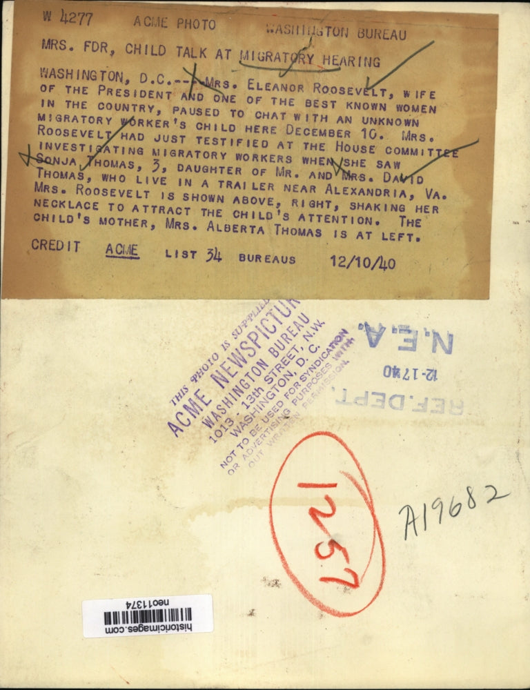 1940 Press Photo Eleanor Roosevelt at Migratory Workers Hearing, Washington D.C.