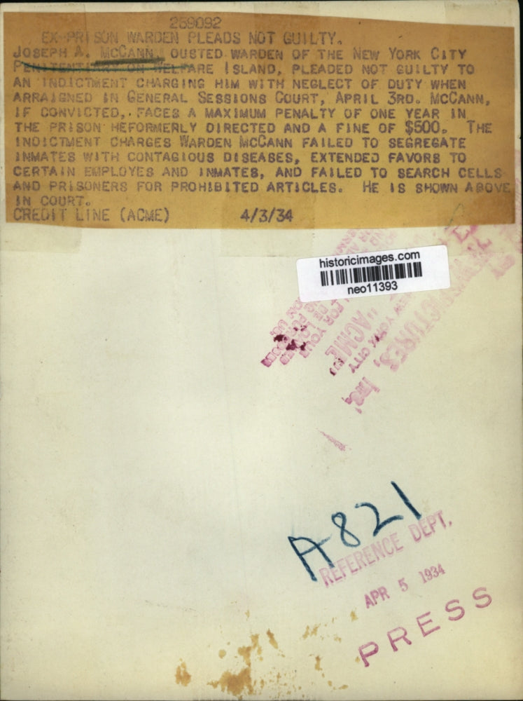 1934 Press Photo Joseph A. McCann plead not guilty on Neglect of Duty