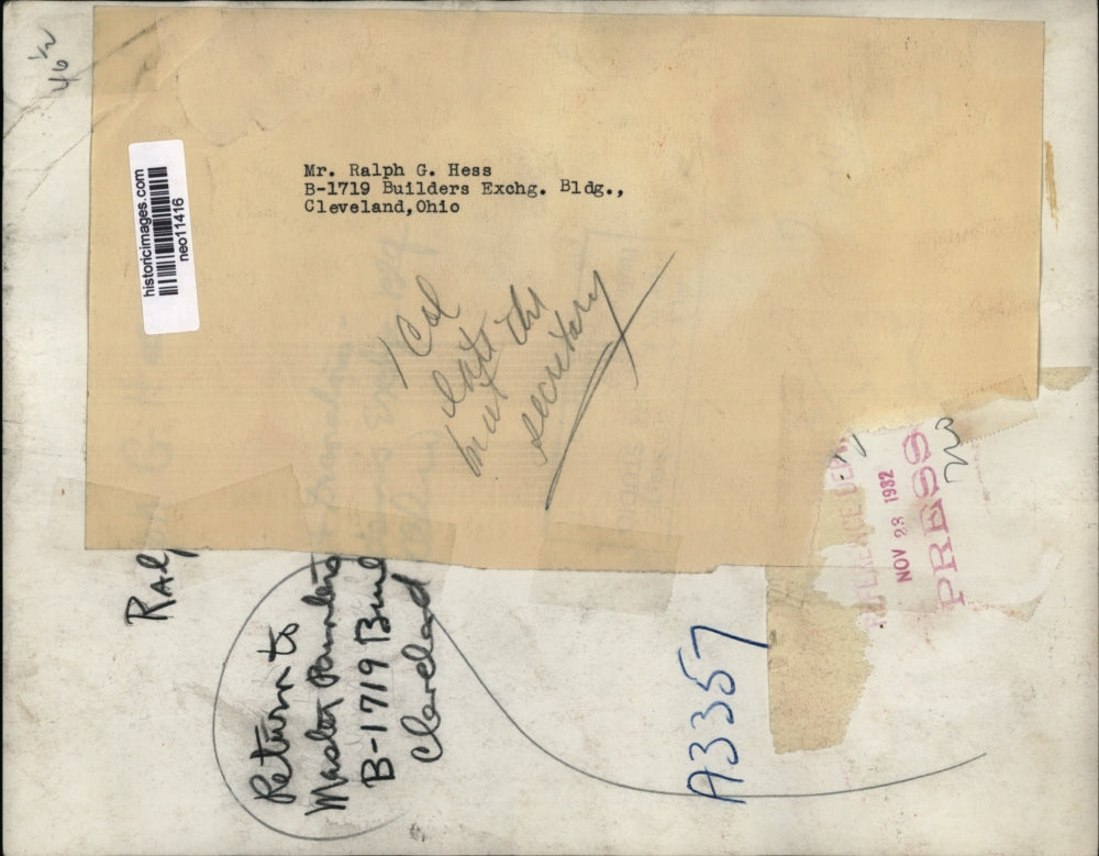 1932 Press Photo Mr. Ralph G. Hess , B-1719 Builders Exchg. Bldg. Cleveland, OH