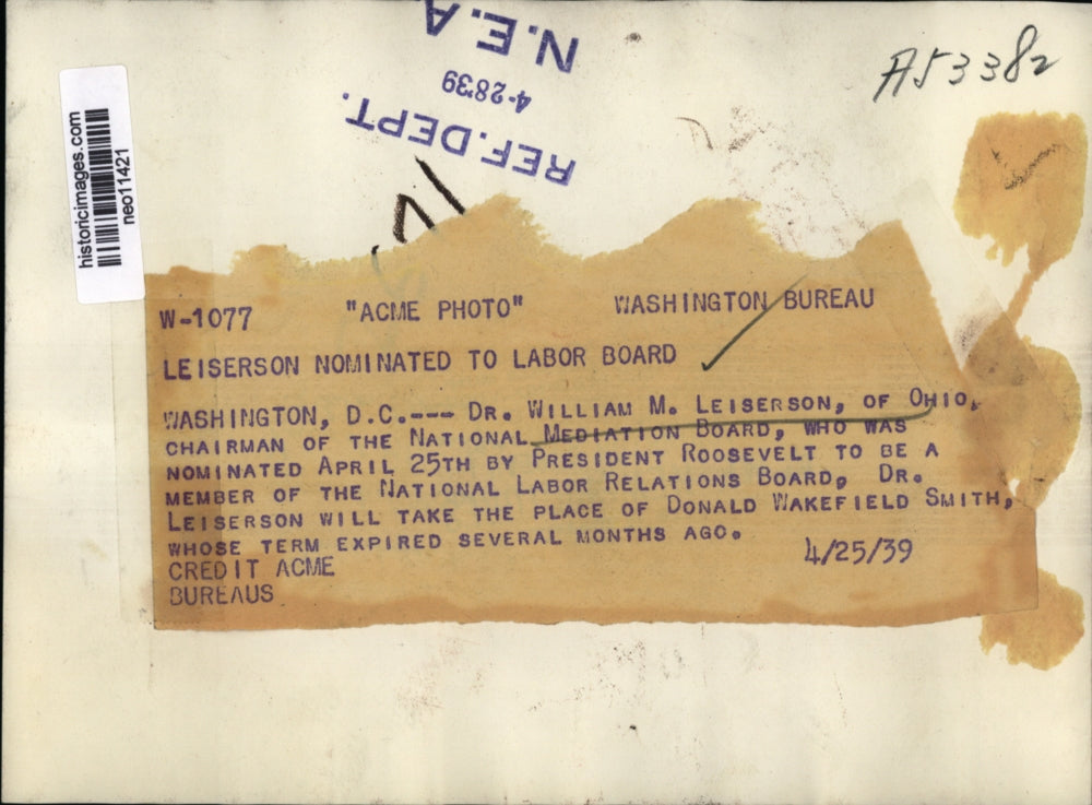1939 Press Photo Dr. William M. Leiserson chairman Natl Meditation Board