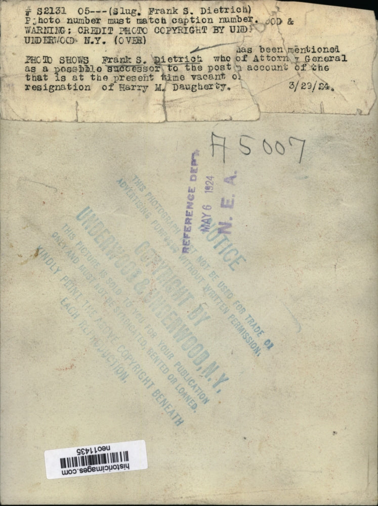 1924 Press Photo Frank S. Dietrich, Possible Attorney General - neo11435