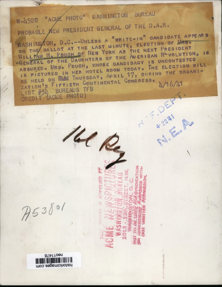 1941 Press Photo Mrs. William H. Pouch, Probable President General of D.A.R.