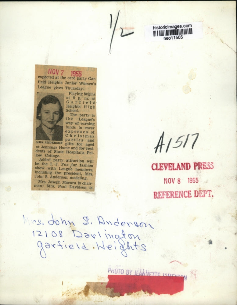 1955 Press Photo Mrs. John S. Anderson of Garfield Heights Junior Women's League