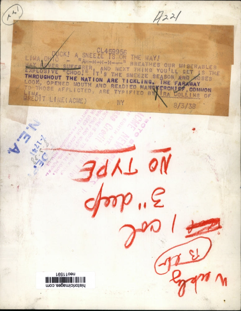 1938 Press Photo Ira Collins of Lima, Ohio Hay Fever Sufferer - neo11591