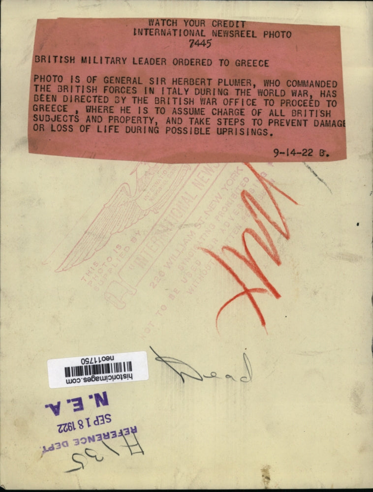 1922 Press Photo Gen. Sir Herbert Plumber ordered to Greece - neo11750