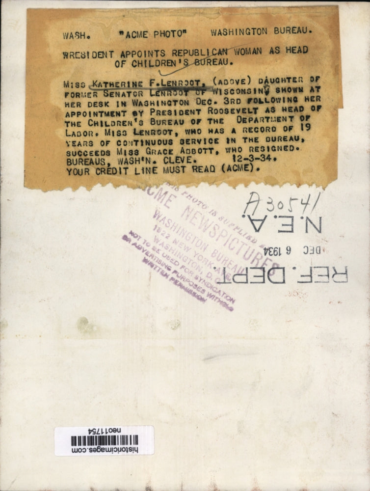 1934 Press Photo Katherine F. Lenroot head of Childrens Bureau Dept. of Labor