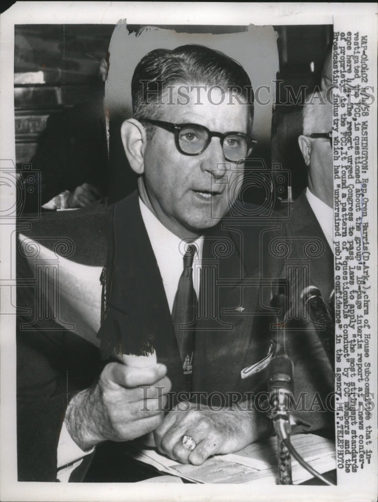 1958 Press Photo Rep. Oren Harris questioned about interim report at Press Conf.