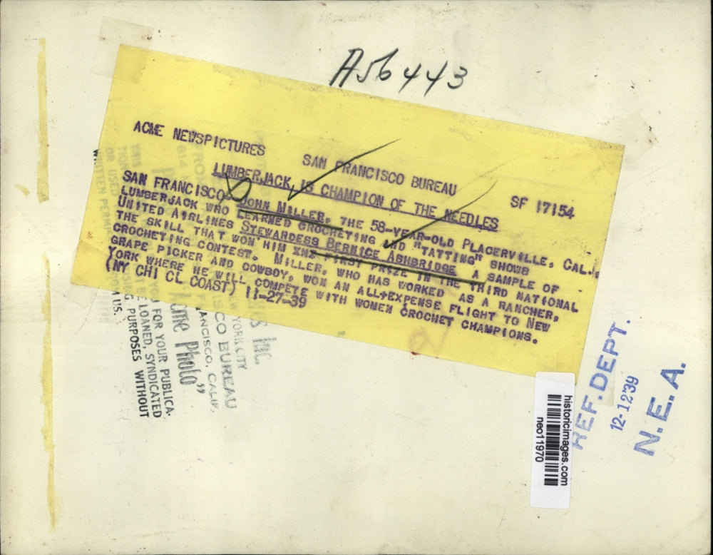 1939 Press Photo Lumberjack & Crocheter John Miller with Bernice Ashbridge