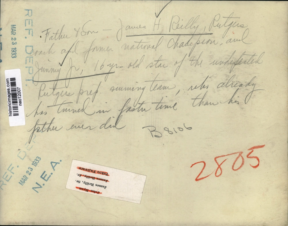 1933 Press Photo James H. Reilly & Jimmy Jr. of Rutgers Swimming - neo12007