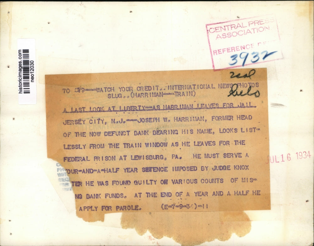 1934 Press Photo Joseph W. Harriman at Train Station, Jersey City, New Jersey