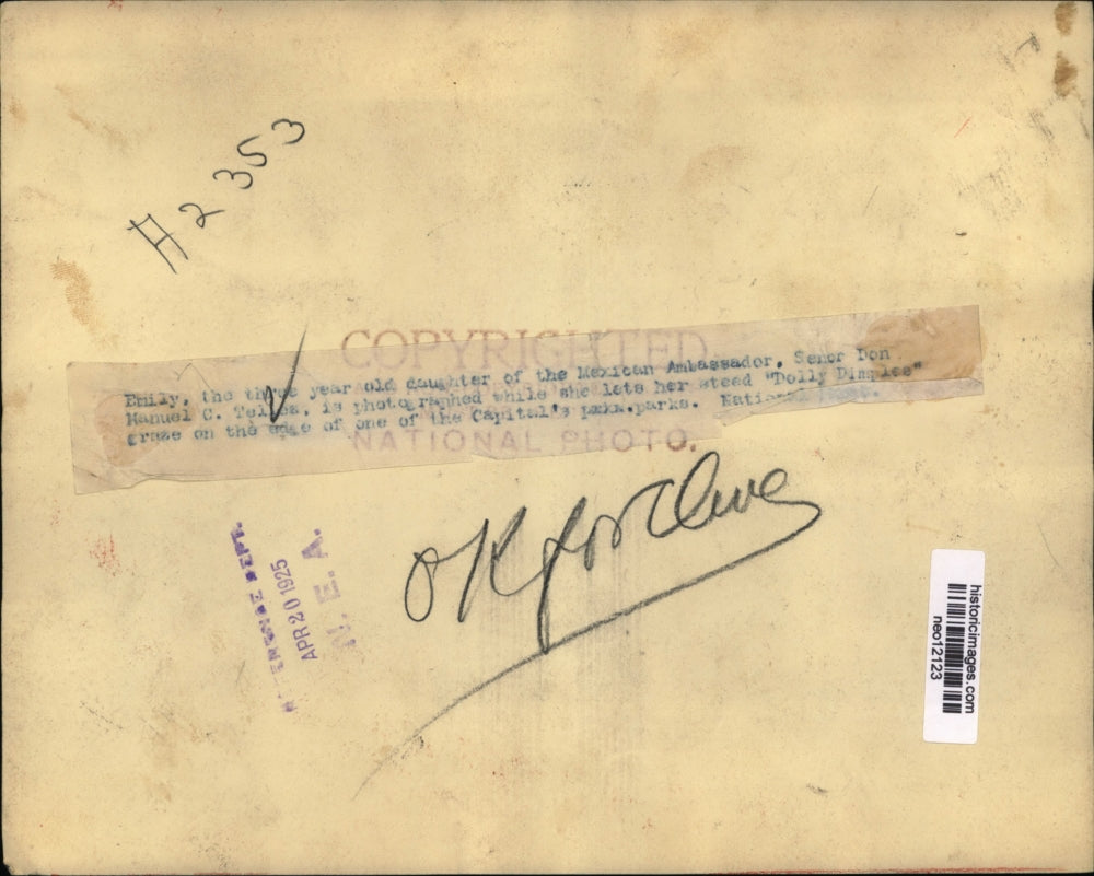 1925 Press Photo Senor Don Manuel C Tellez of Mexico Daughter w/ Horse