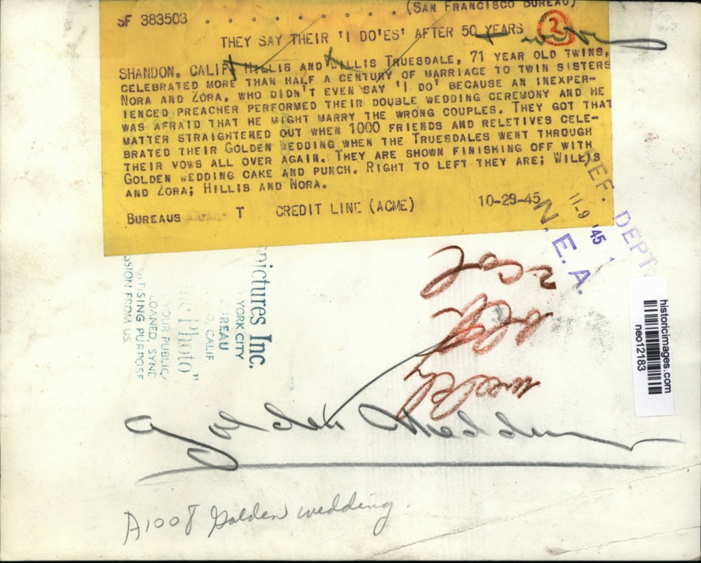 1945 Press Photo Hillis & Willis Truesdale Twins Celebrate 50th Anniversaries