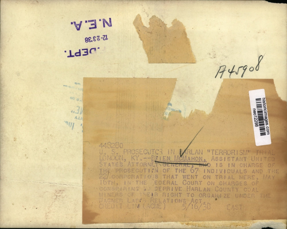 1938 Press Photo Brien McMahon Assistant US Attorney Prosecutor in Terror Trial