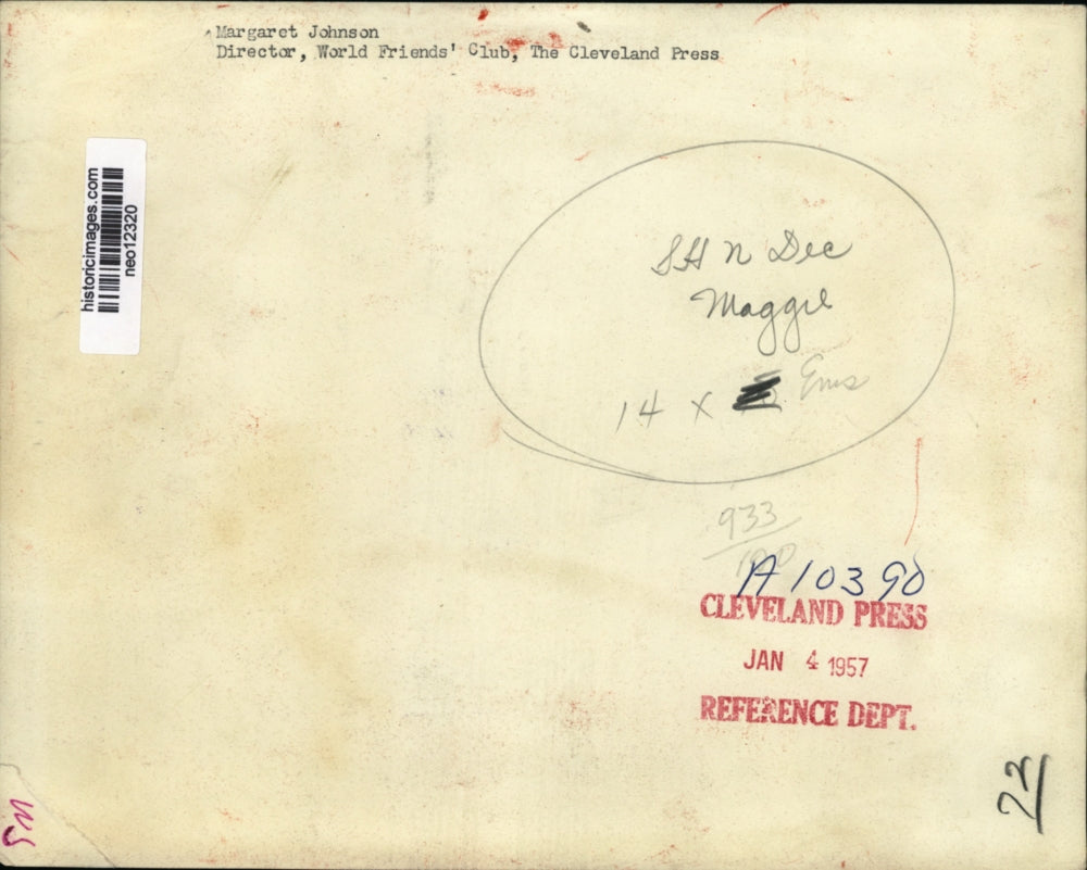 1957 Press Photo Margaret Johnson director World Friends Club of Cleveland Press