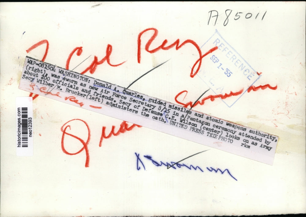 1955 Press Photo Donald Quarles sworn in as Air Force Secretary by WM Brucker