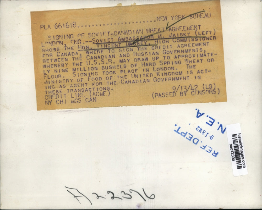 1942 Press Photo Soviet ambassador MMaisky & Hon Vincent Massey of Canada