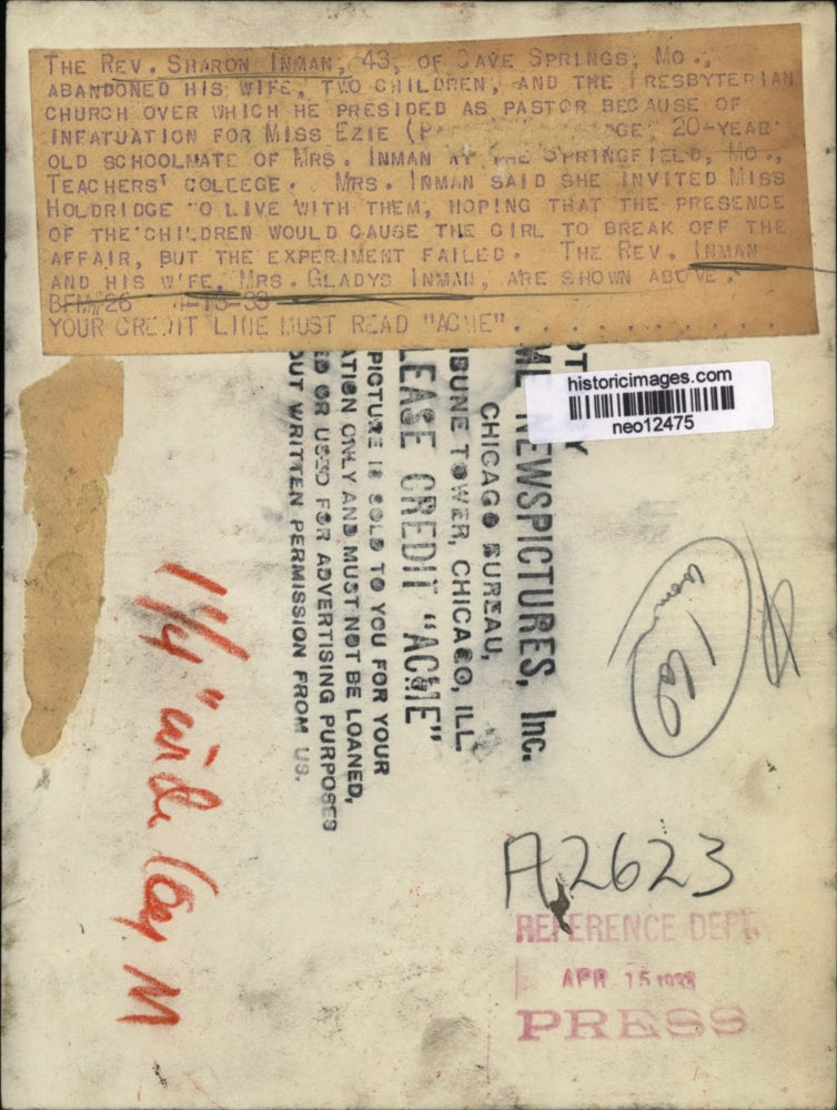 1933 Press Photo The Rev Inman & wife Mrs Gladys Inman he abandoned her