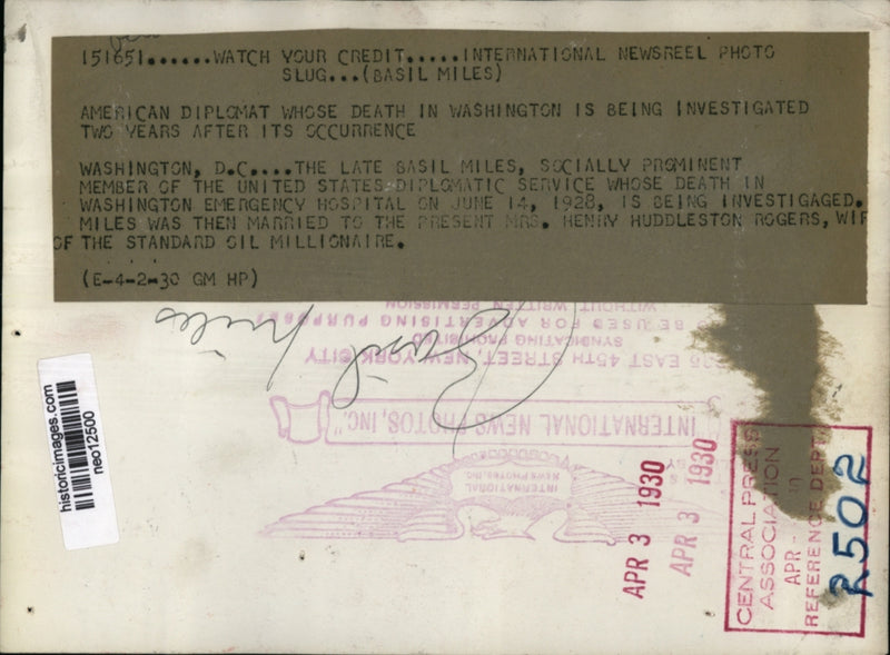 Load image into Gallery viewer, 1930 Press Photo Basil Miles United States Diplomatic service - neo12500
