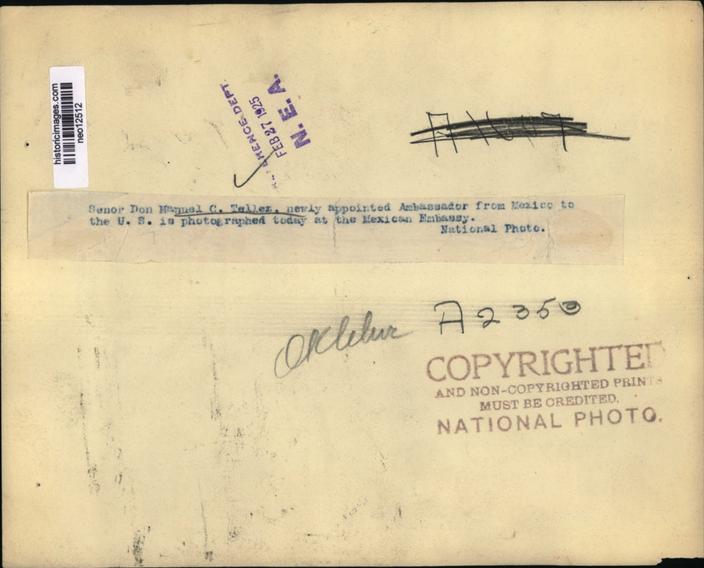 1925 Press Photo Senor Don Manuel C Tellez Mexican ambassador to US - neo12512