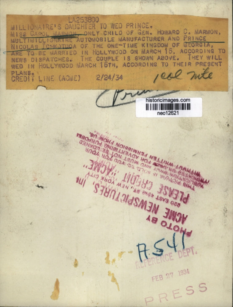 1934 Press Photo Carol Marmon Engaged to Prince Nicolas Tchkotuoa - neo12621