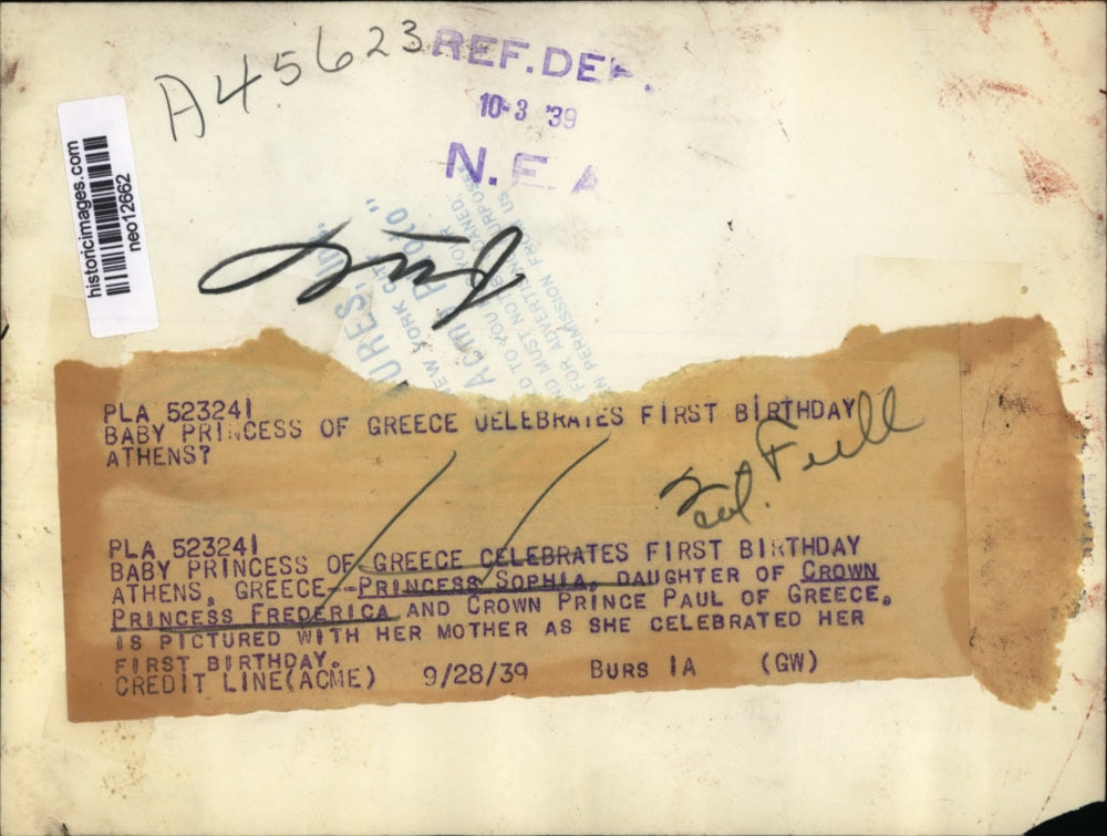 1939 Press Photo Princess Sophia, Crown Princess Frederica of Greece - neo12662