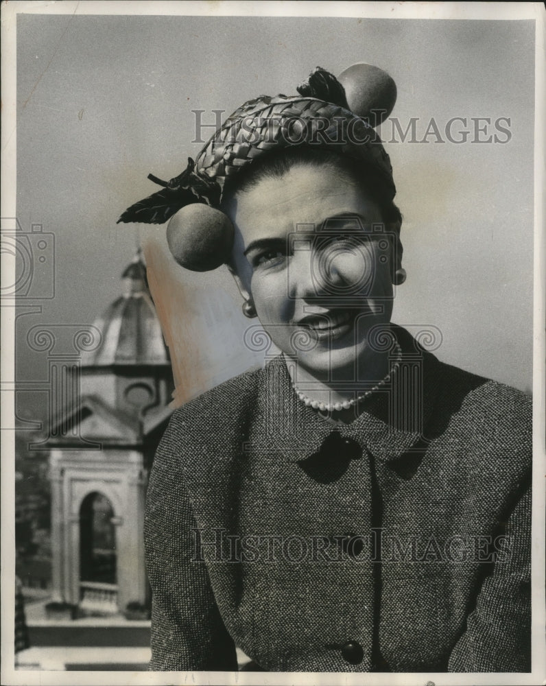 Load image into Gallery viewer, 1953 Press Photo Rome, Italy "Vitamin Hats" w/ Fruits &amp; Vegetables - neo12664
