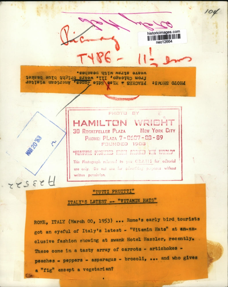 1953 Press Photo Rome, Italy "Vitamin Hats" w/ Fruits & Vegetables - neo12664